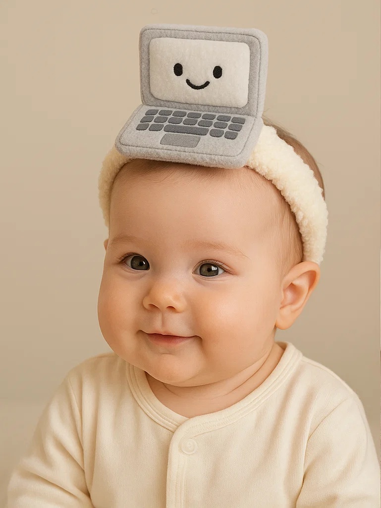 Laptop Baby Headband – Plush Computer Character Design with Smiley Screen